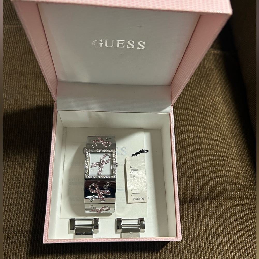 GUESS Silver and Pink Ribbon Breast Cancer Bracelet Watch